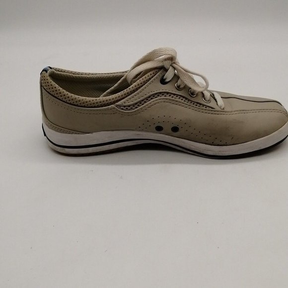 Keds Womens Sneakers Beige Leather Lace Up Walking Shoe Round‎ Toe Flat Heel 6.5 - Picture 2 of 11